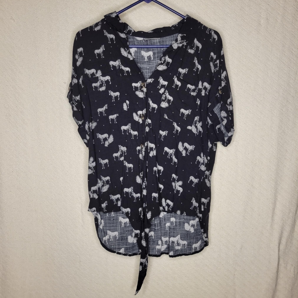 Women's Black and White Blouse with Horse Print